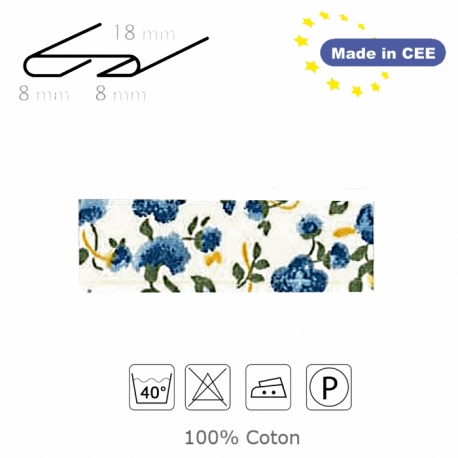 Biais aux petites fleurs bleus. 100% coton. Made in CEE.